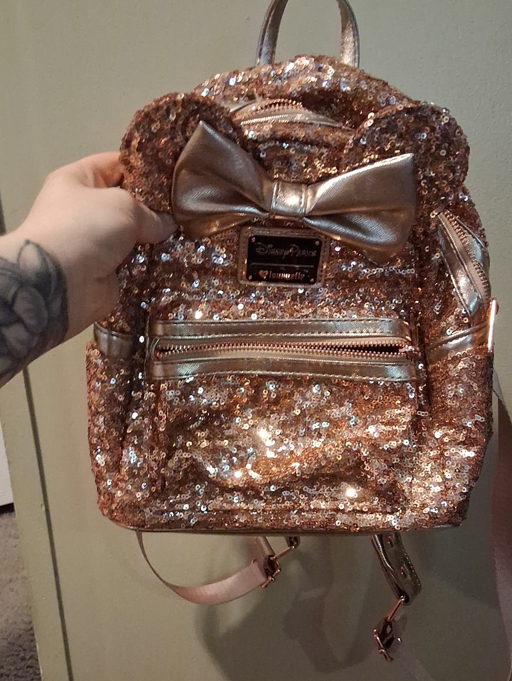 Disney Rose Gold Sequin Mini Backpack with Metallic Bow